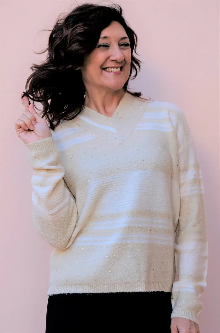 Maglia a righe con paillettes e scollo a V, Giulia Valli