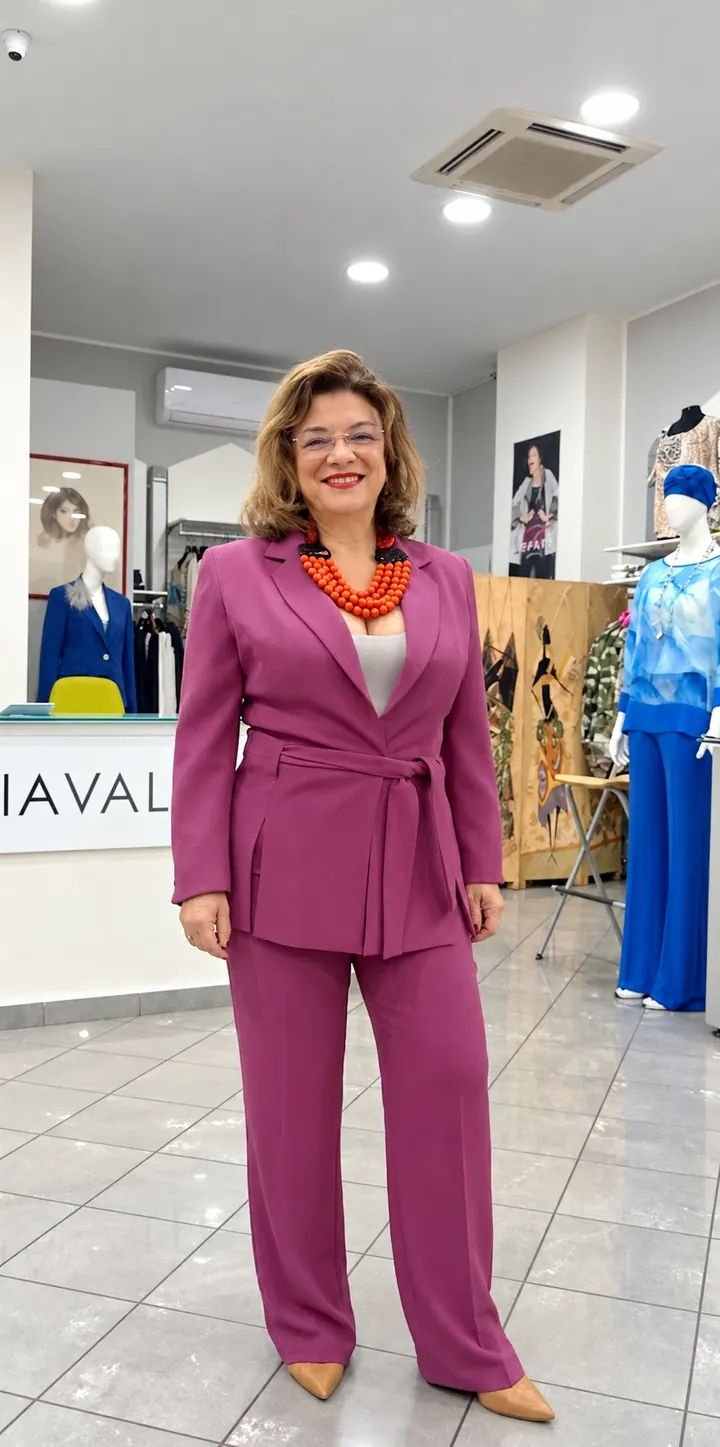 Cliente in boutique con un tailleur color malva