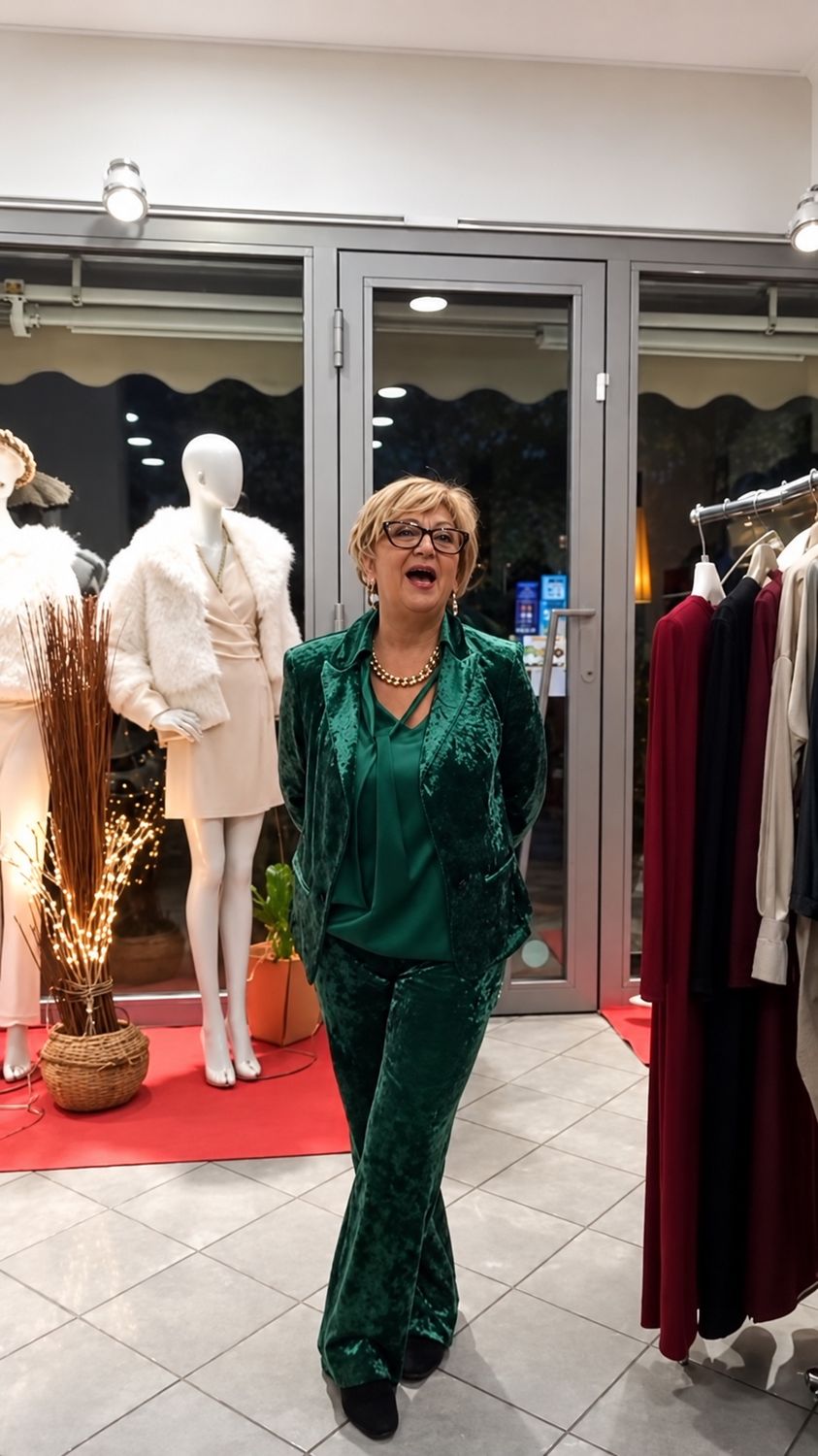 Cliente di Amica Boutique con un completo in velluto verde